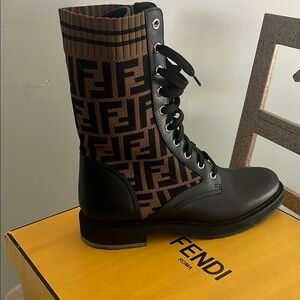 Fendi Black and Brown Combat Boots with FF Monogram
